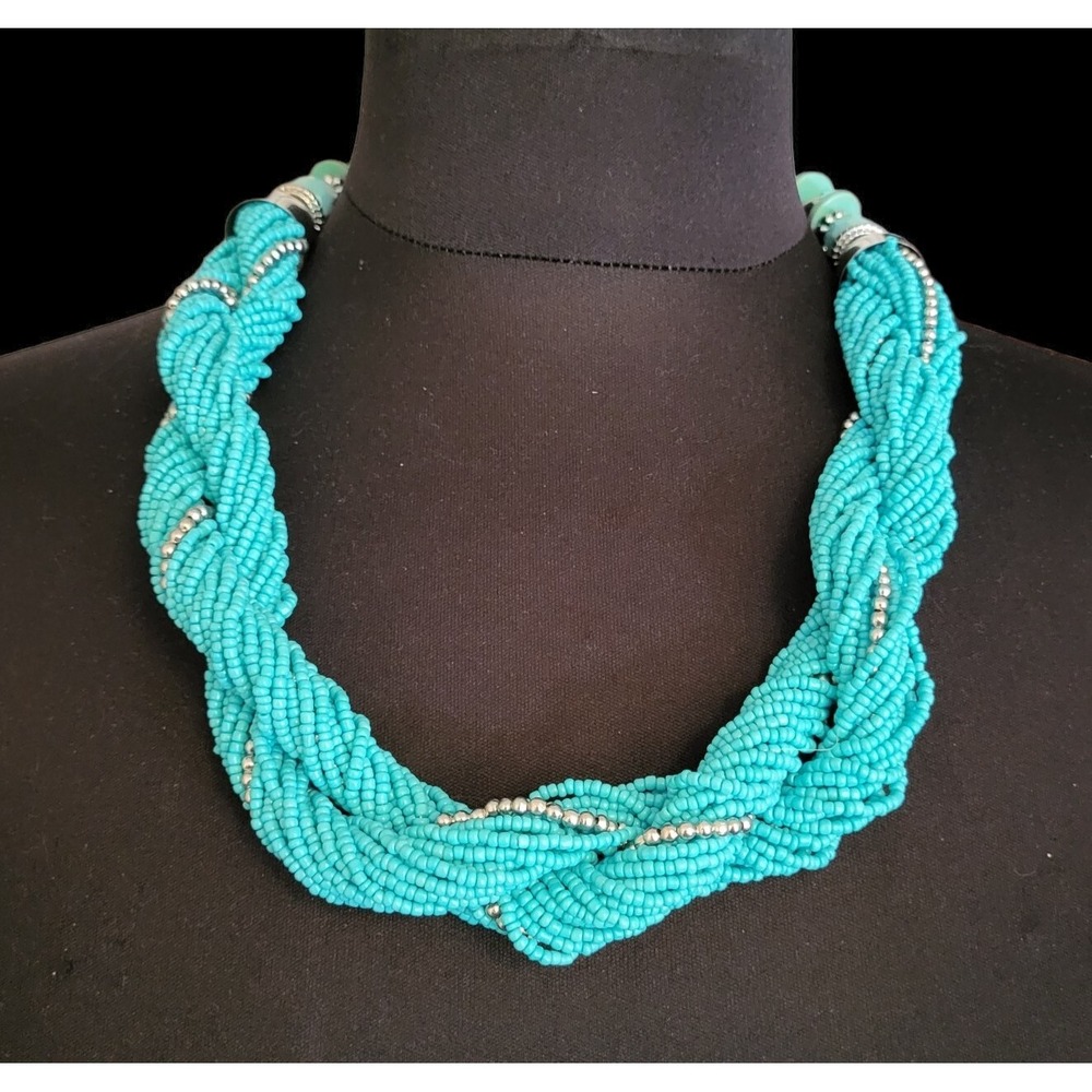 Charming Charlie Necklace Turquoise & Silver Chunky‎ Beaded Multi-strand 24"